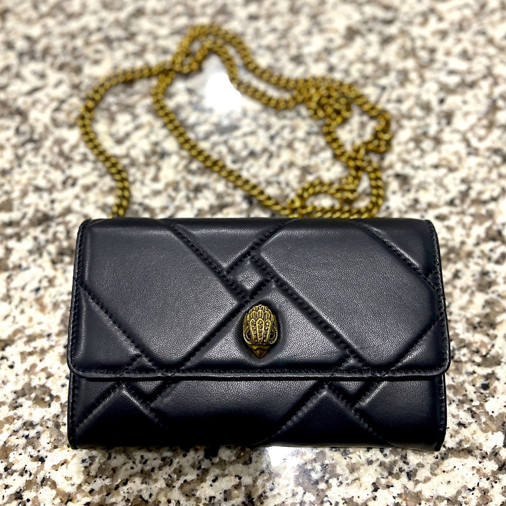 BLACK & GOLD KURT GEIGER LONDON Kensington QUILTED WALLET on CHAIN in EUC